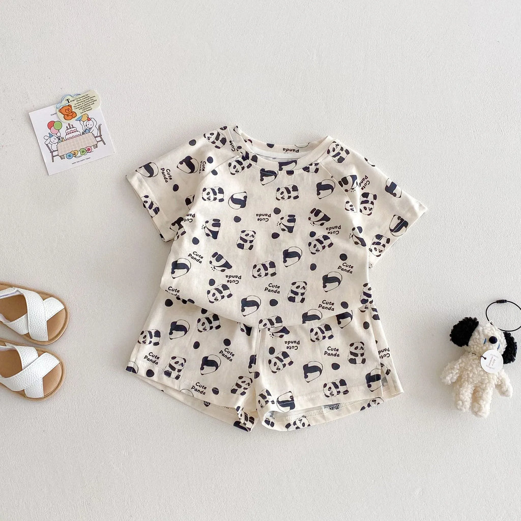 Cartoon print cotton baby two-piece outfit with short sleeve shirt and shorts in submarine pattern