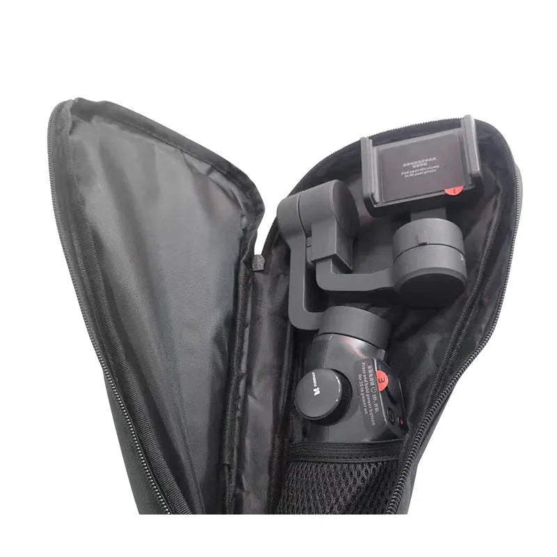 Black cloth storage bag for mobile phone stabilizer and camera accessories.