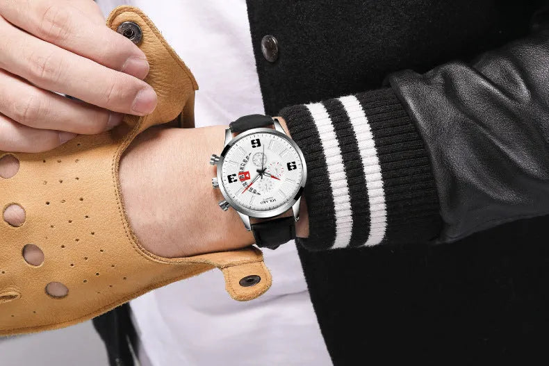 Fashion big digital calendar men's watch with leather strap and round alloy case