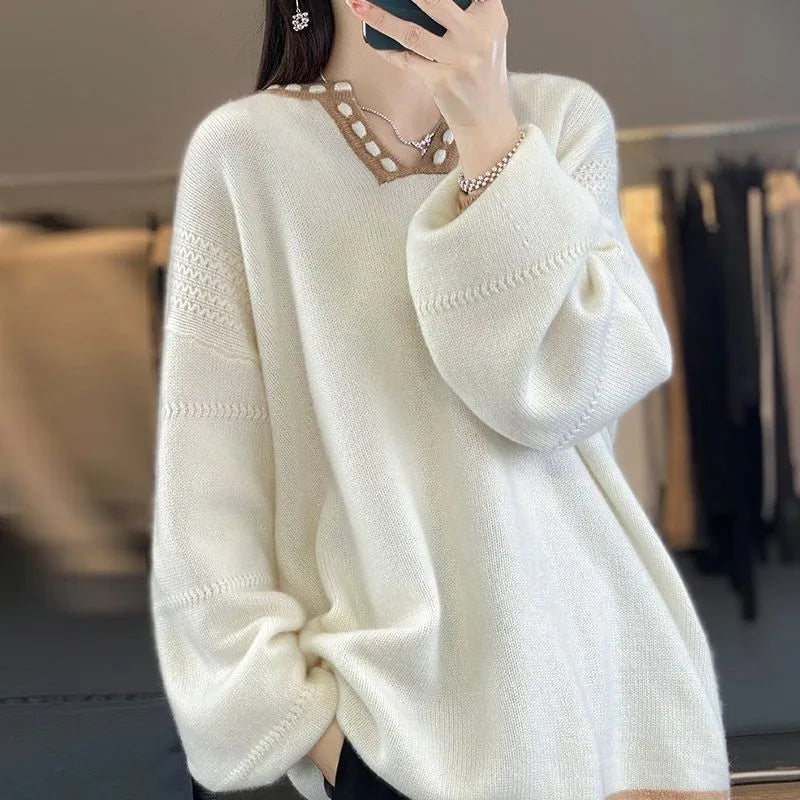 Women's white V-neck pullover sweater with long sleeves made from viscose fibre