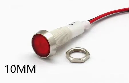 10mm stainless steel edge panel mount indicator light with wire, shown in multiple colour options.