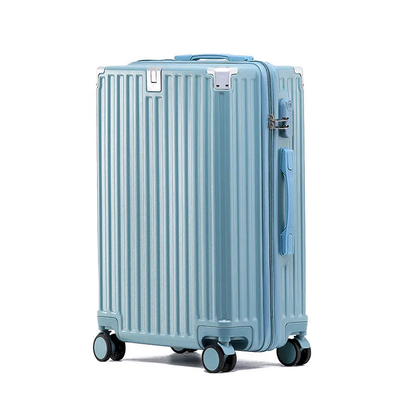Aluminium frame trolley suitcase in avocado green with wheels and a USB port.