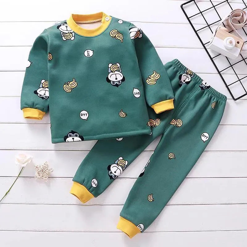 Children's fleece-lined thermal underwear set with coral fleece cotton in cartoon print for autumn winter