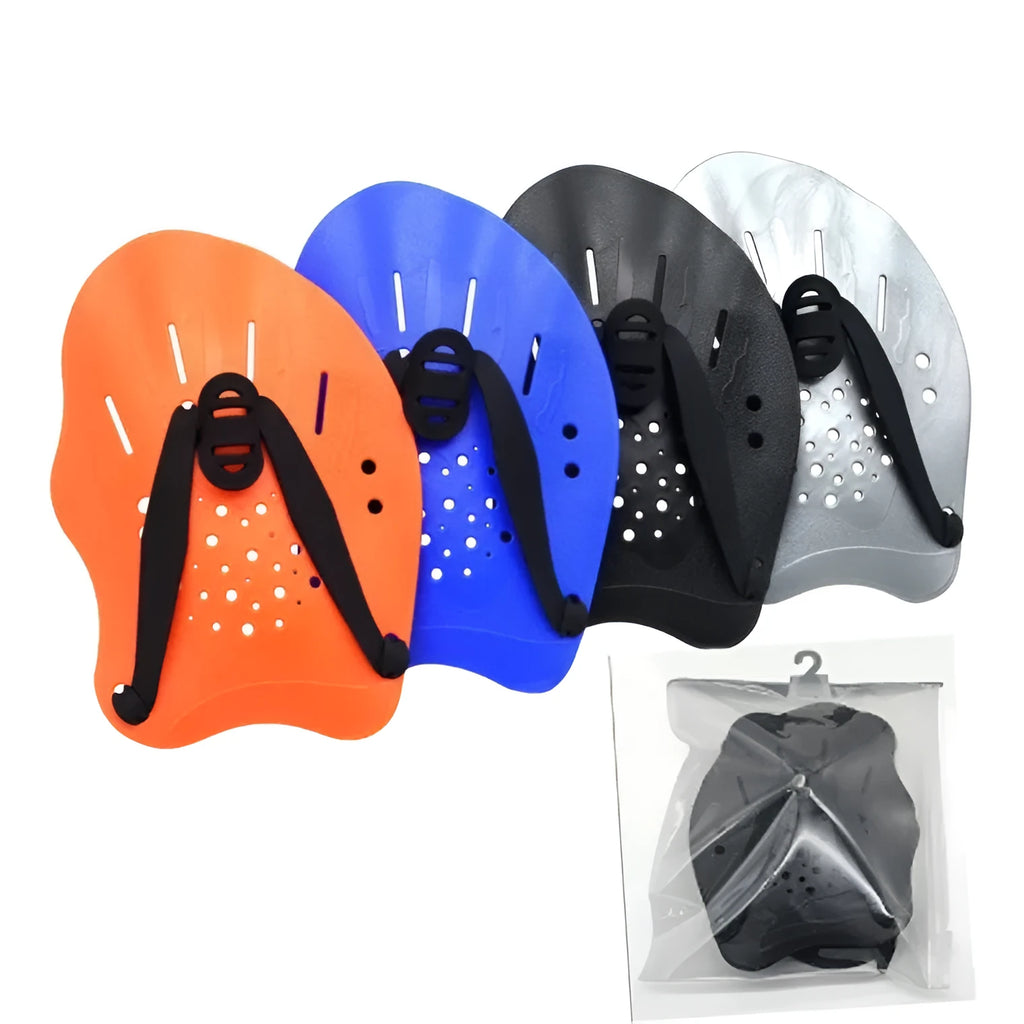 Swimming training paddles with webbed fingers in multiple colours and sizes for freestyle stroke technique