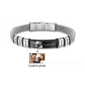Men's heart shape bracelet made from titanium steel, leather, and rope with bead lettering options.