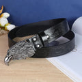 Men's brown imitation leather belt with a detailed electroplated alloy cow head buckle.