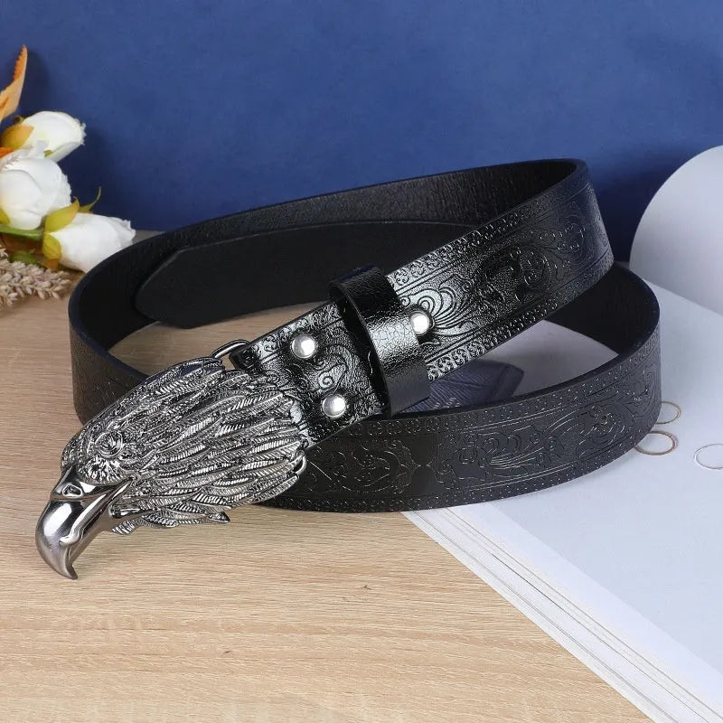 Men's brown imitation leather belt with a detailed electroplated alloy cow head buckle.