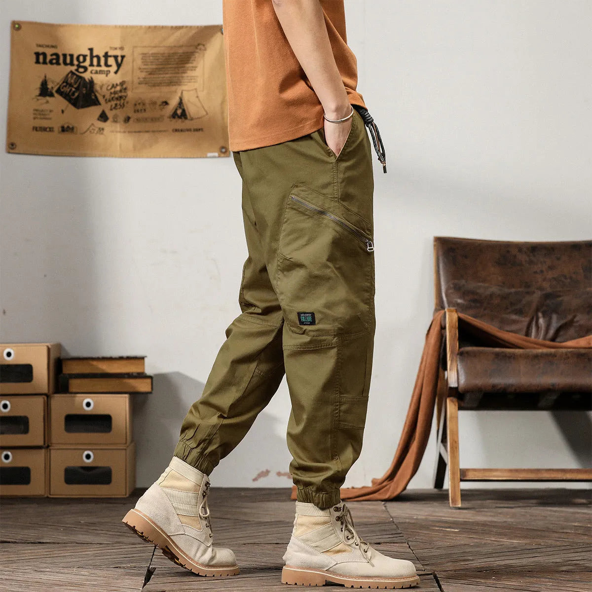 Men's Korean style cotton harem trousers with tapered ankle banded design in black colour