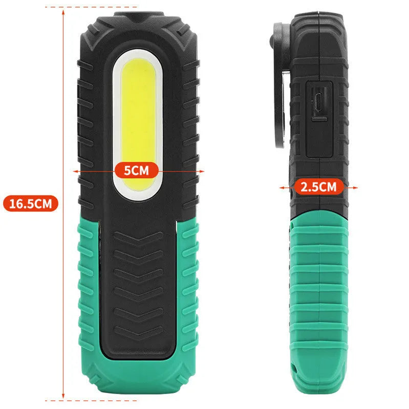 Black and green USB rechargeable auto repair work light with drop-resistant ABS plastic construction
