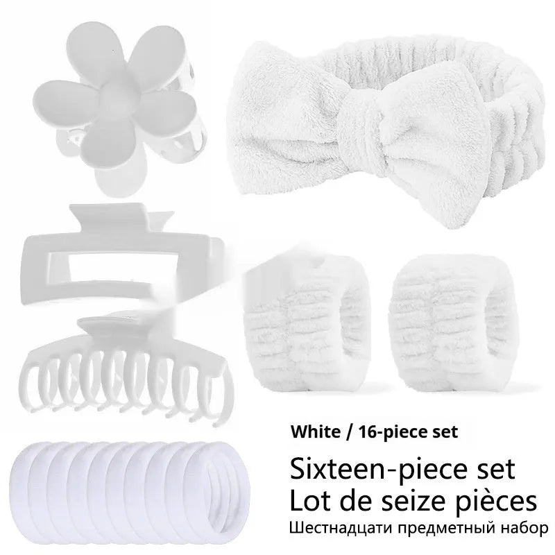 16-piece bow washing face hair band set in assorted colours with plaid pattern on OPP packaging
