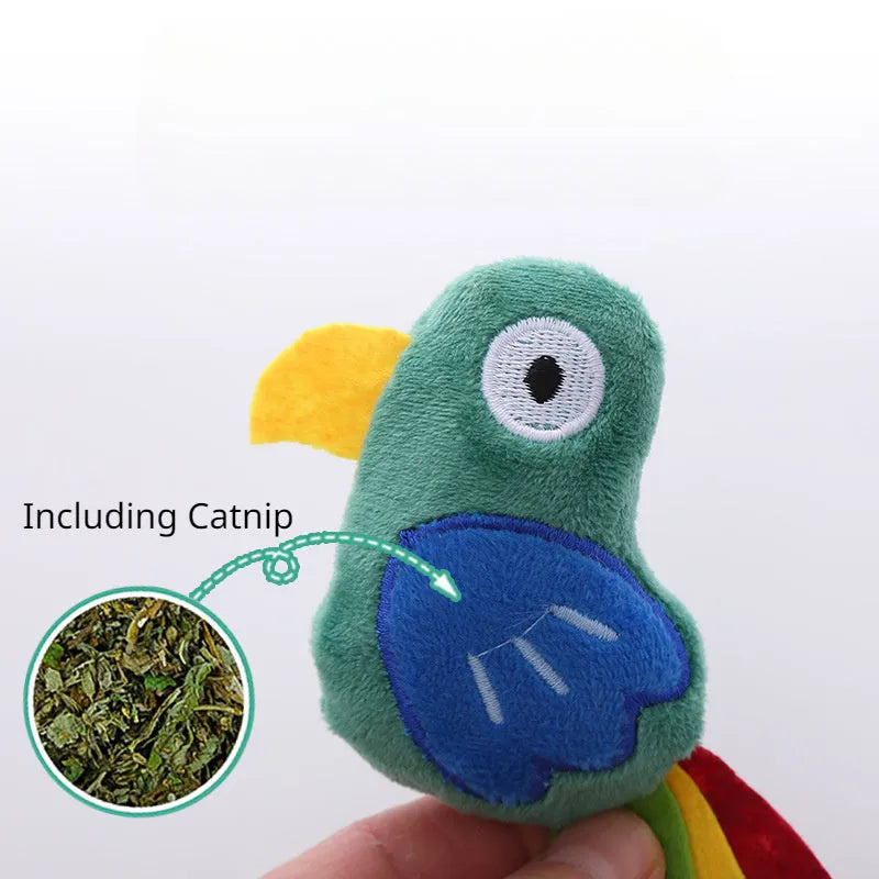 Plush cat toy in shape of cow, crocodile or parrot with catnip filling for interactive play
