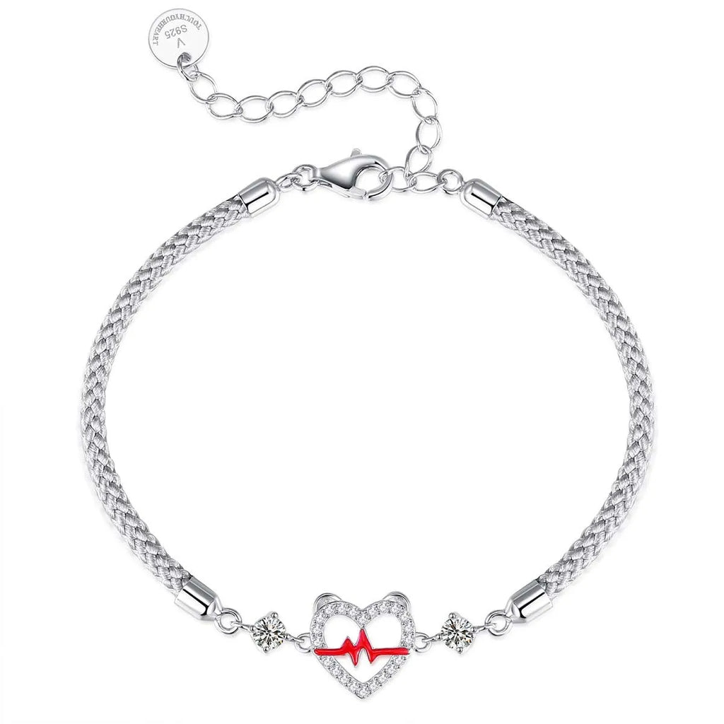 S925 silver heartbeat signal couples bracelet with heart shape motif in men's and women's versions