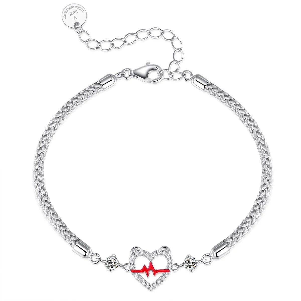 S925 silver heartbeat signal couples bracelet with heart shape motif in men's and women's versions