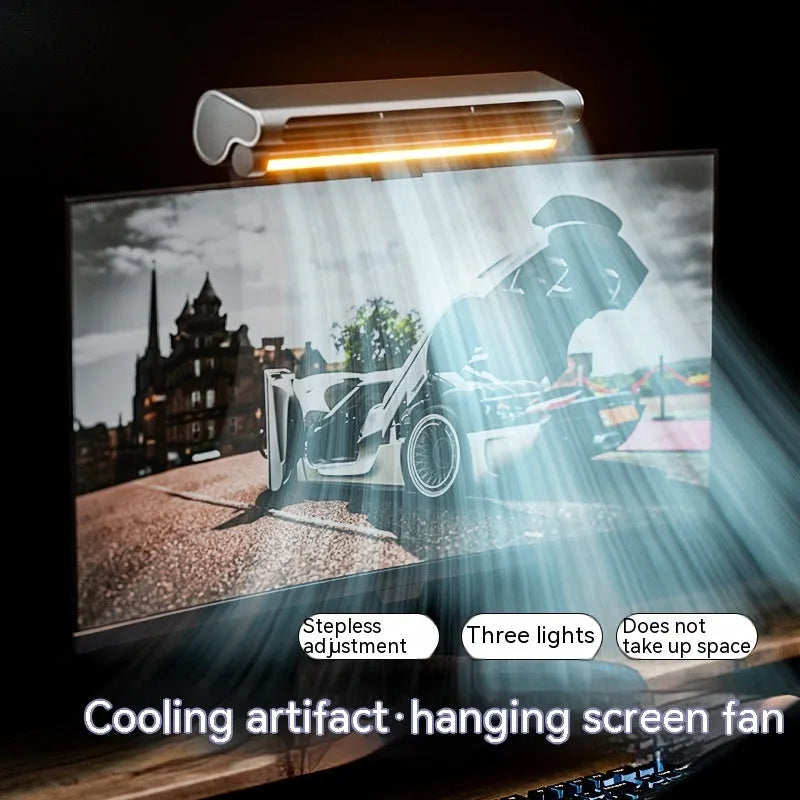 Black USB-powered bladeless fan with clip mount attached to laptop screen showing integrated lighting