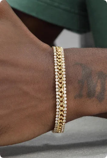 Gold tennis bracelet with stone detailing on titanium steel band for men and women