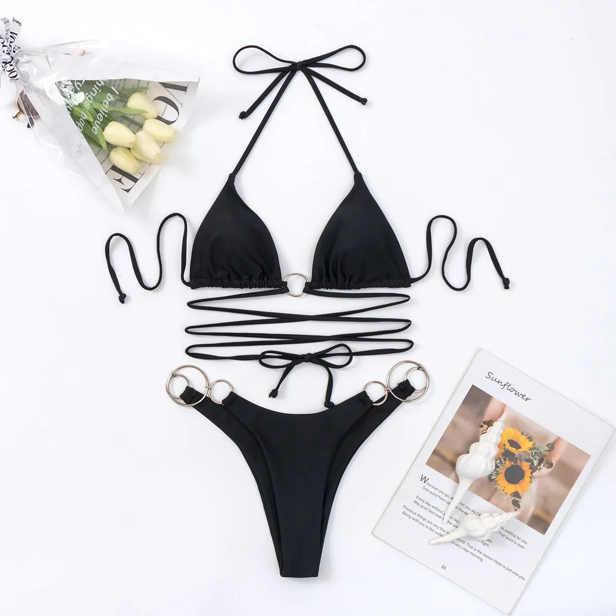 Black women's bikini swimsuit set with metal ring straps and split panty design