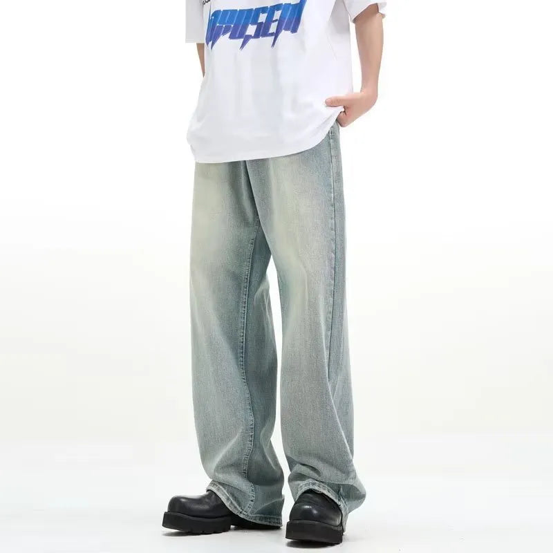 Blue retro-style loose casual trousers made from rabbit fur fabric on a model