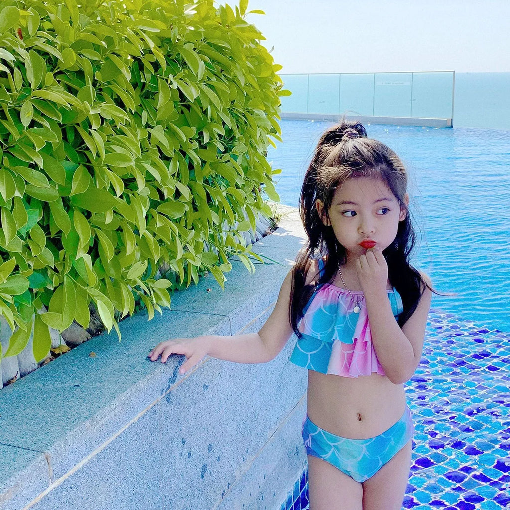 Children's swimsuit bikini with fish tail skirt in dark pink, polyester fabric, sizes 90-160