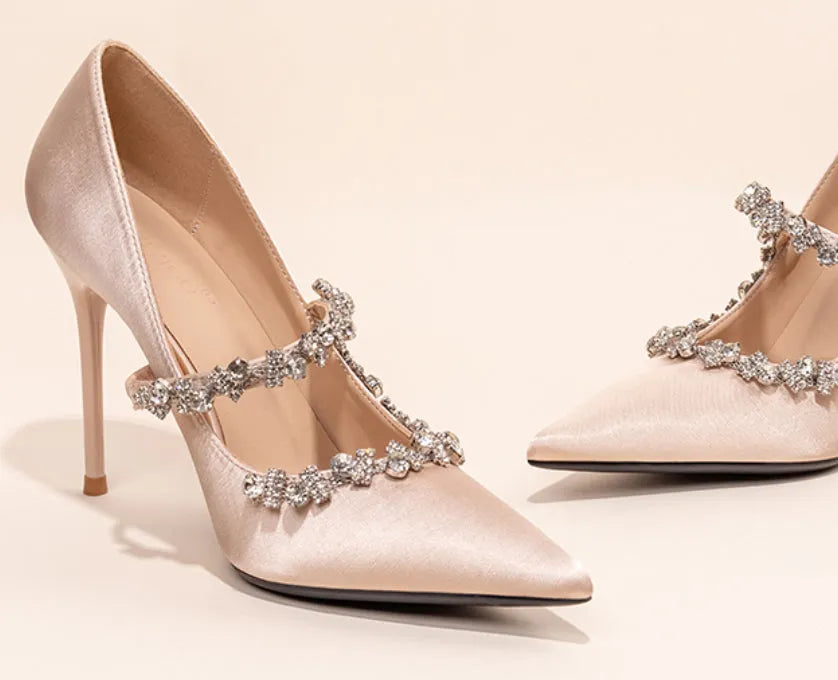 Nude slip-on high heels with rhinestone decorations, satin upper, sheepskin lining, 8CM heel height