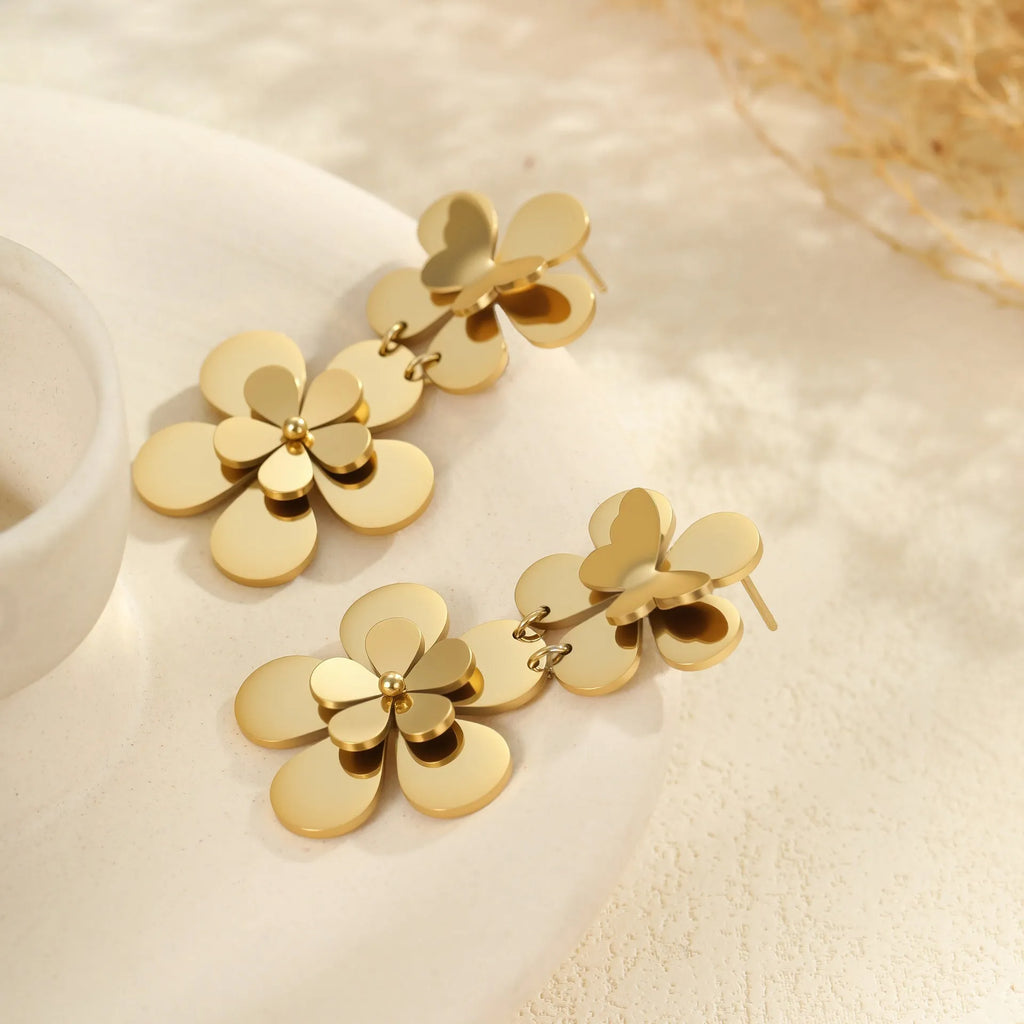 Gold flower butterfly stainless steel earrings with 18K electroplated finish for women