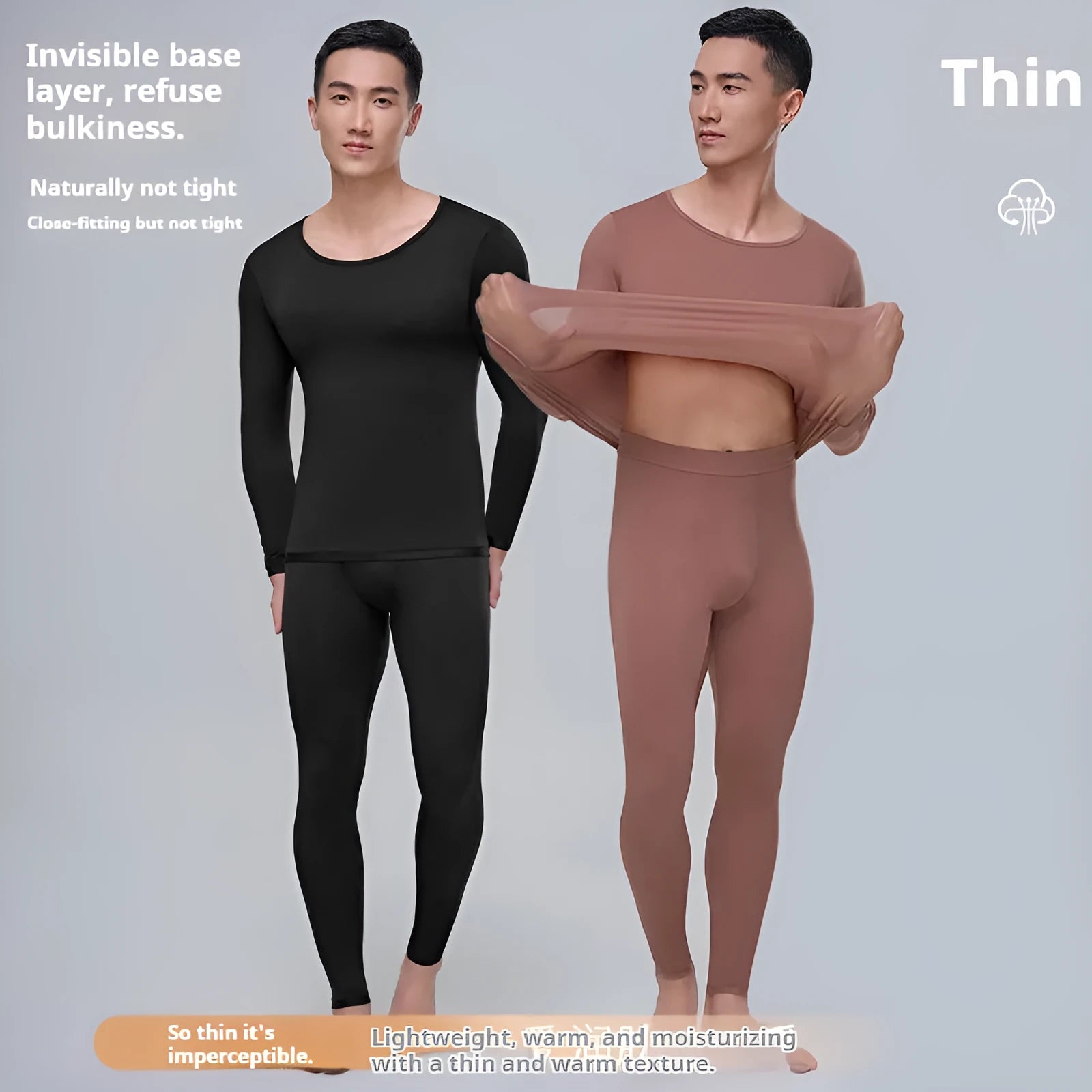 Men's constant temperature heating nylon thermal base layer suit in black, camel, and gray colour options