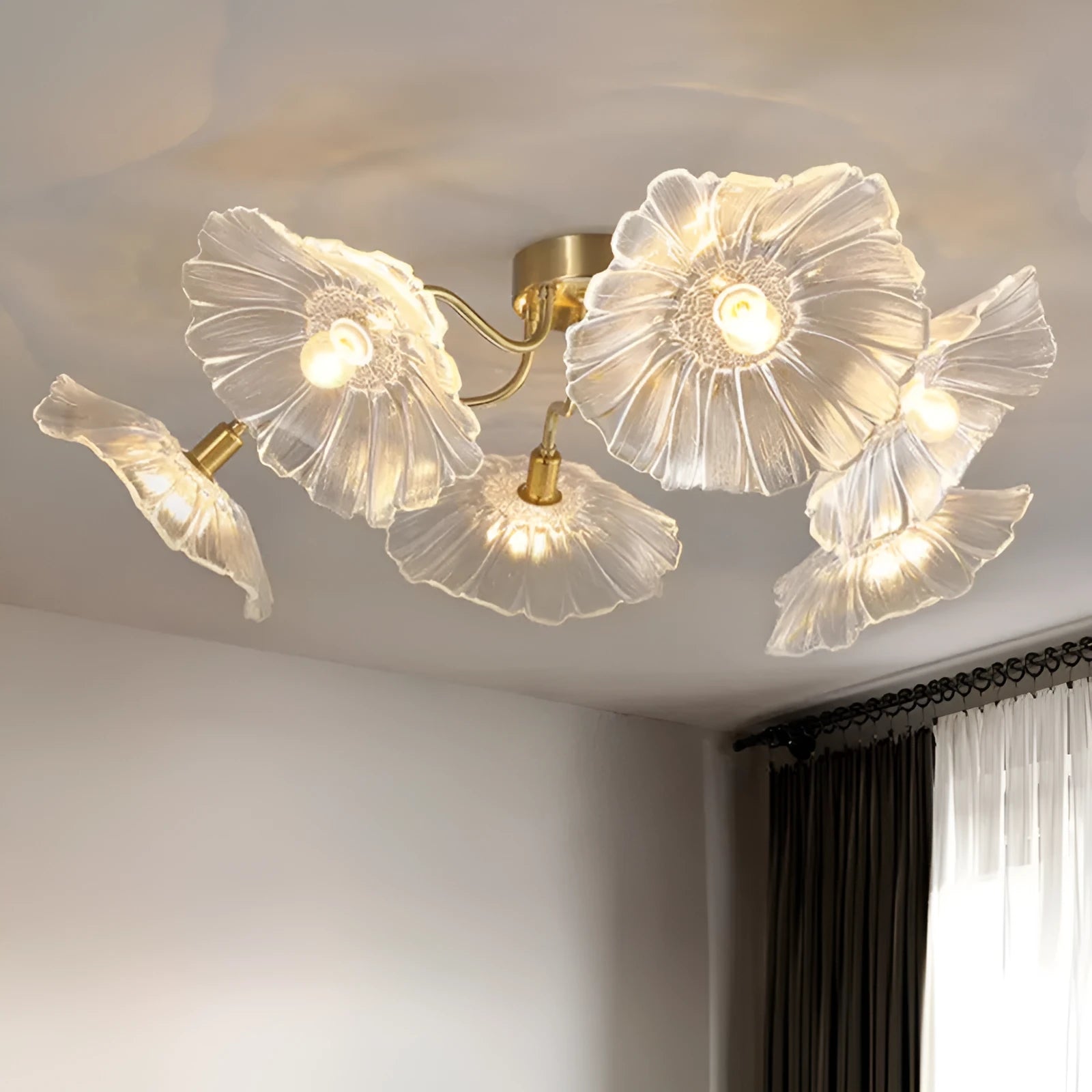 Creative artificial flower ceiling lamp with LED lighting in modern home setting
