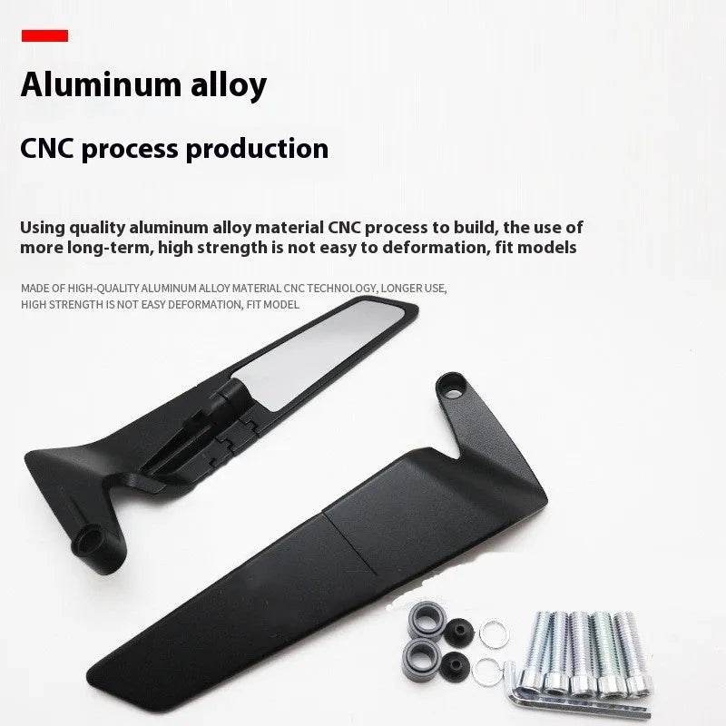 Pair of black aluminium alloy and glass universal motorcycle rearview mirrors with spoiler design on a white background