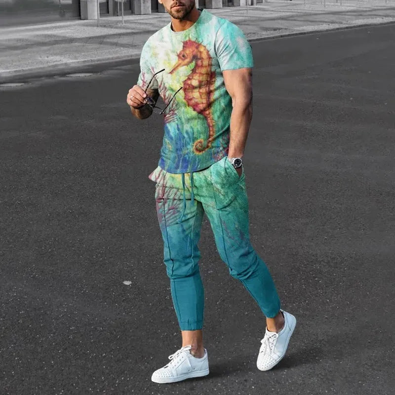 Men's lightweight polyester sports tracksuit set with short sleeve top and trousers on a mannequin.