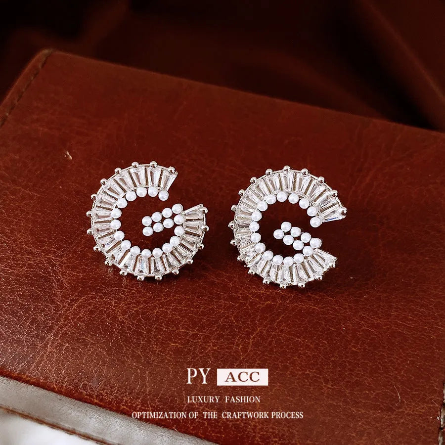 Silver alphabet letter earrings with imitation pearl and inlaid zircon for women light luxury fashion