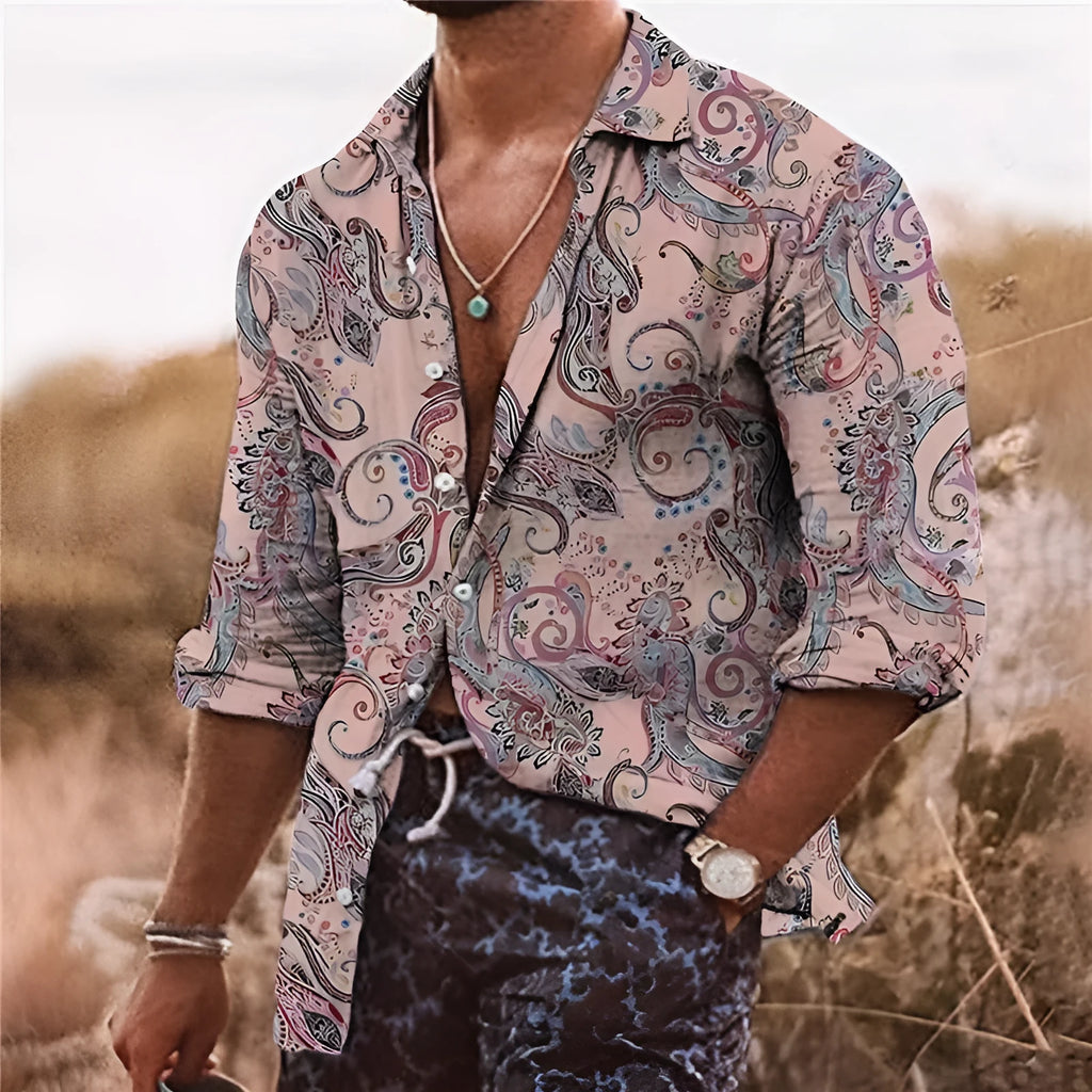 Men's loose fit long sleeve shirt with bohemian floral 3D pattern printing in polyester fabric