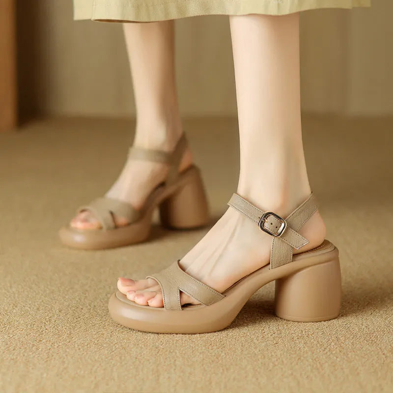 Women's open toe platform sandals in Apricot colour with round toe design