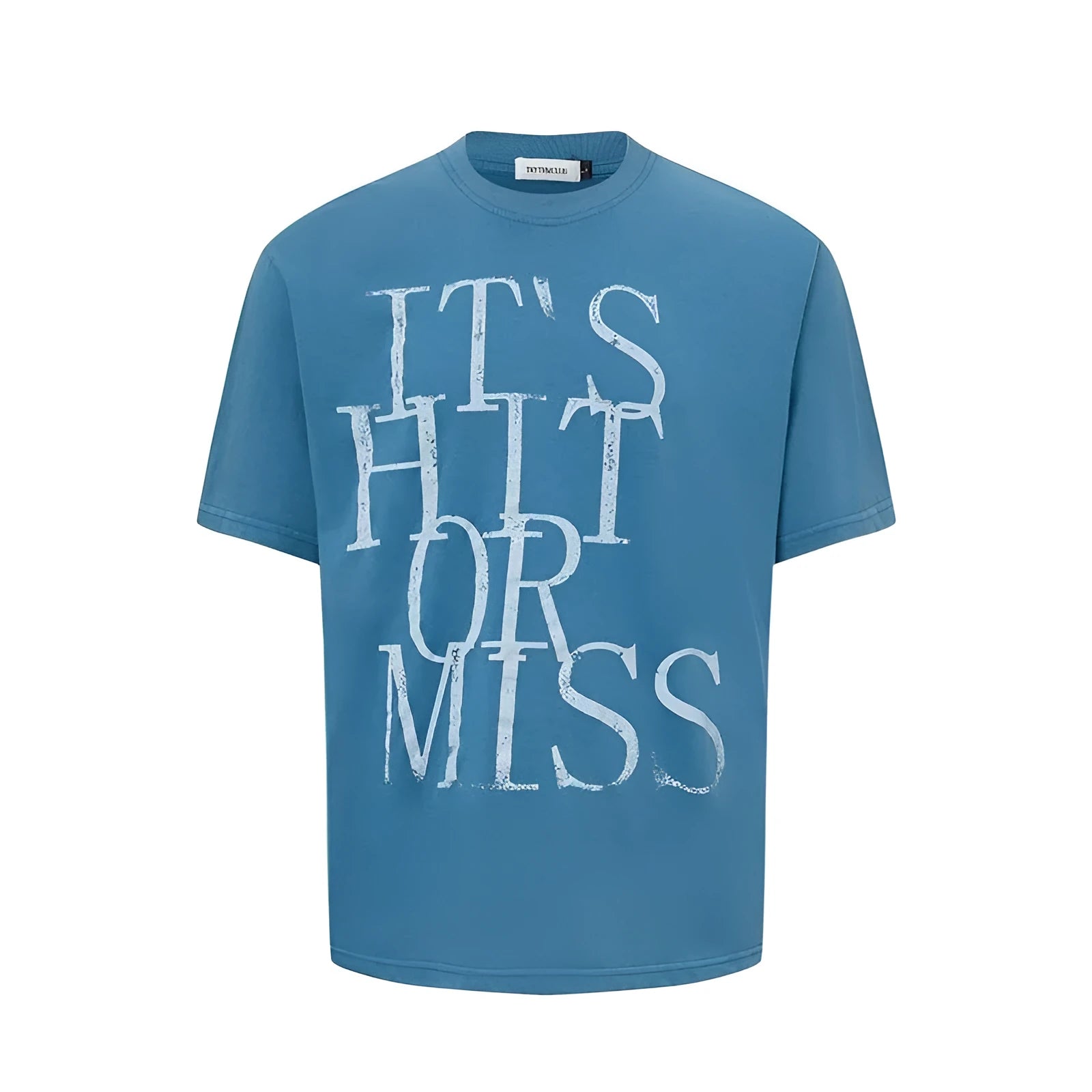 Men's blue American retro T-shirt with white letter printing, round neck, loose fit cotton blend casual top