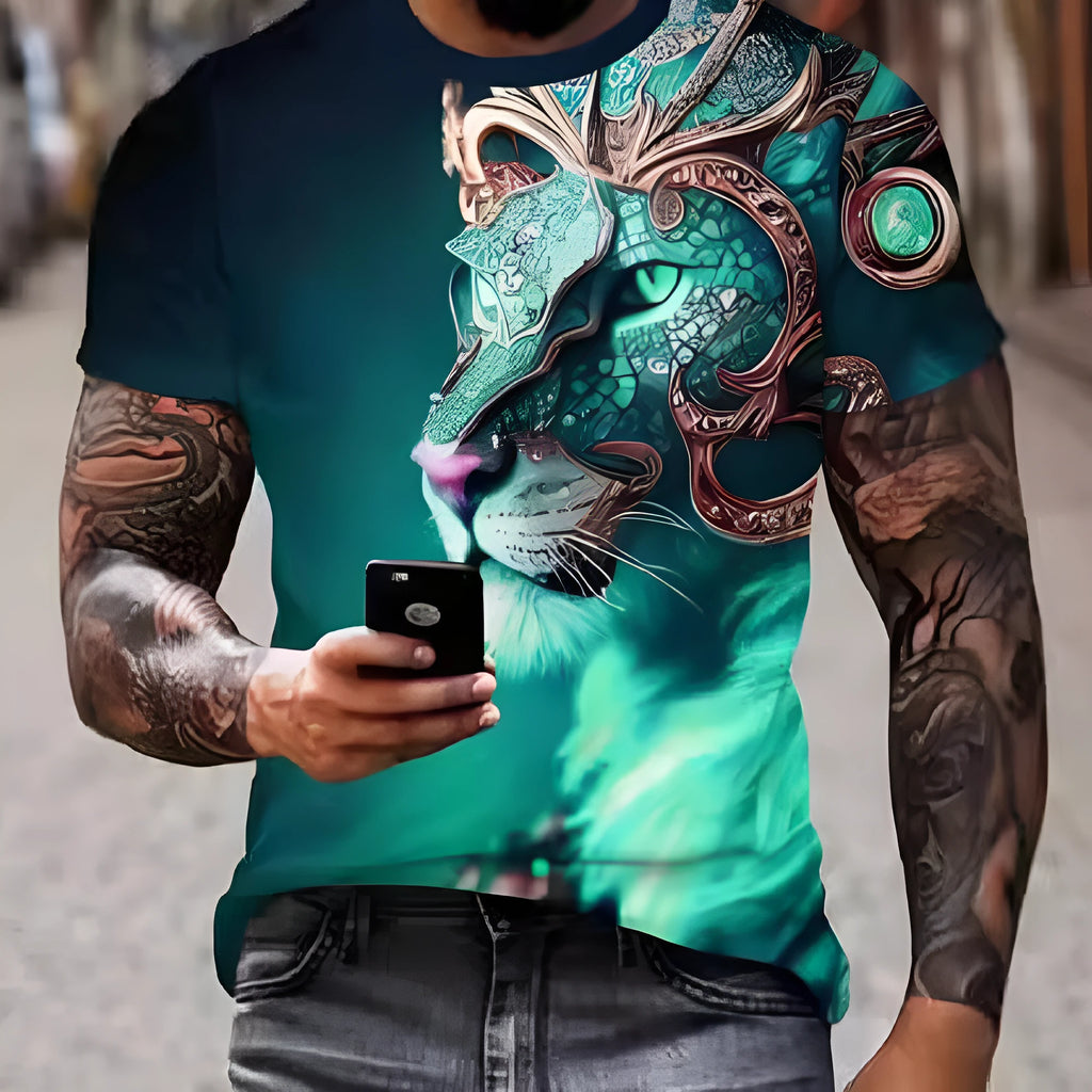 Men's black t-shirt with a large raised 3D print of a fierce lion's head on the front.