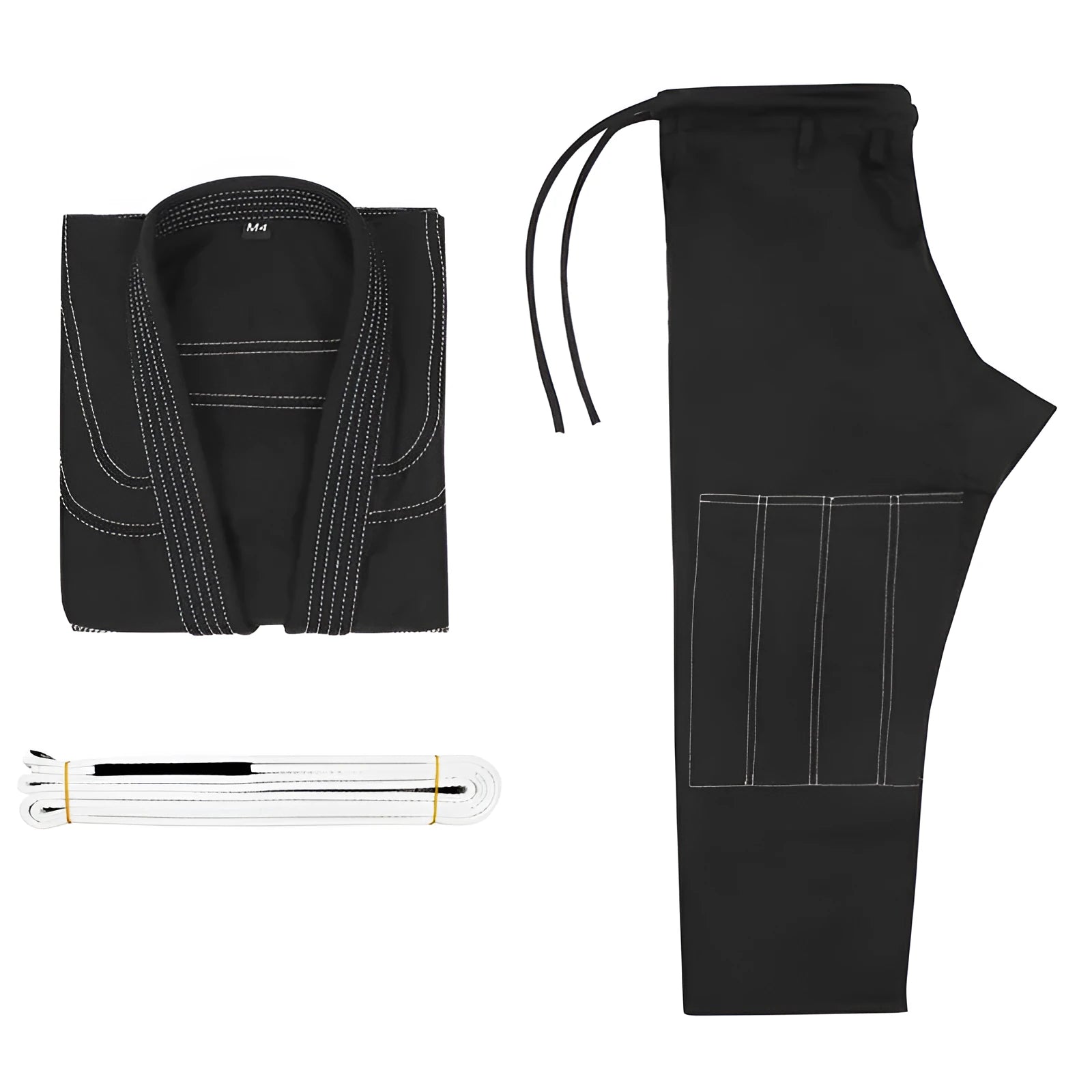 Brazilian Jiu-Jitsu uniform set with top and trousers in multiple colours on a white background.