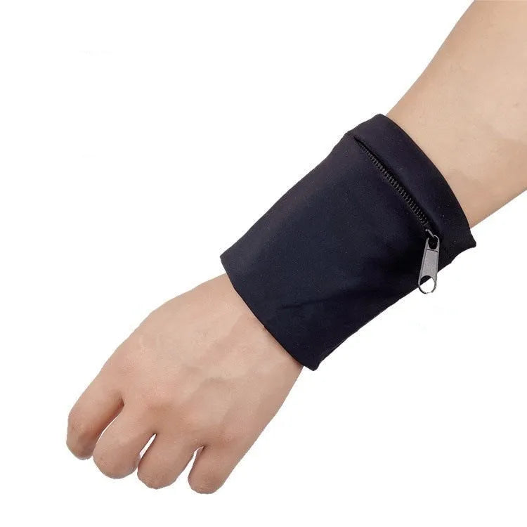 Black wrist bag armband sleeve for mobile phone, shown on an arm, dimensions 10cm by 10.5cm.