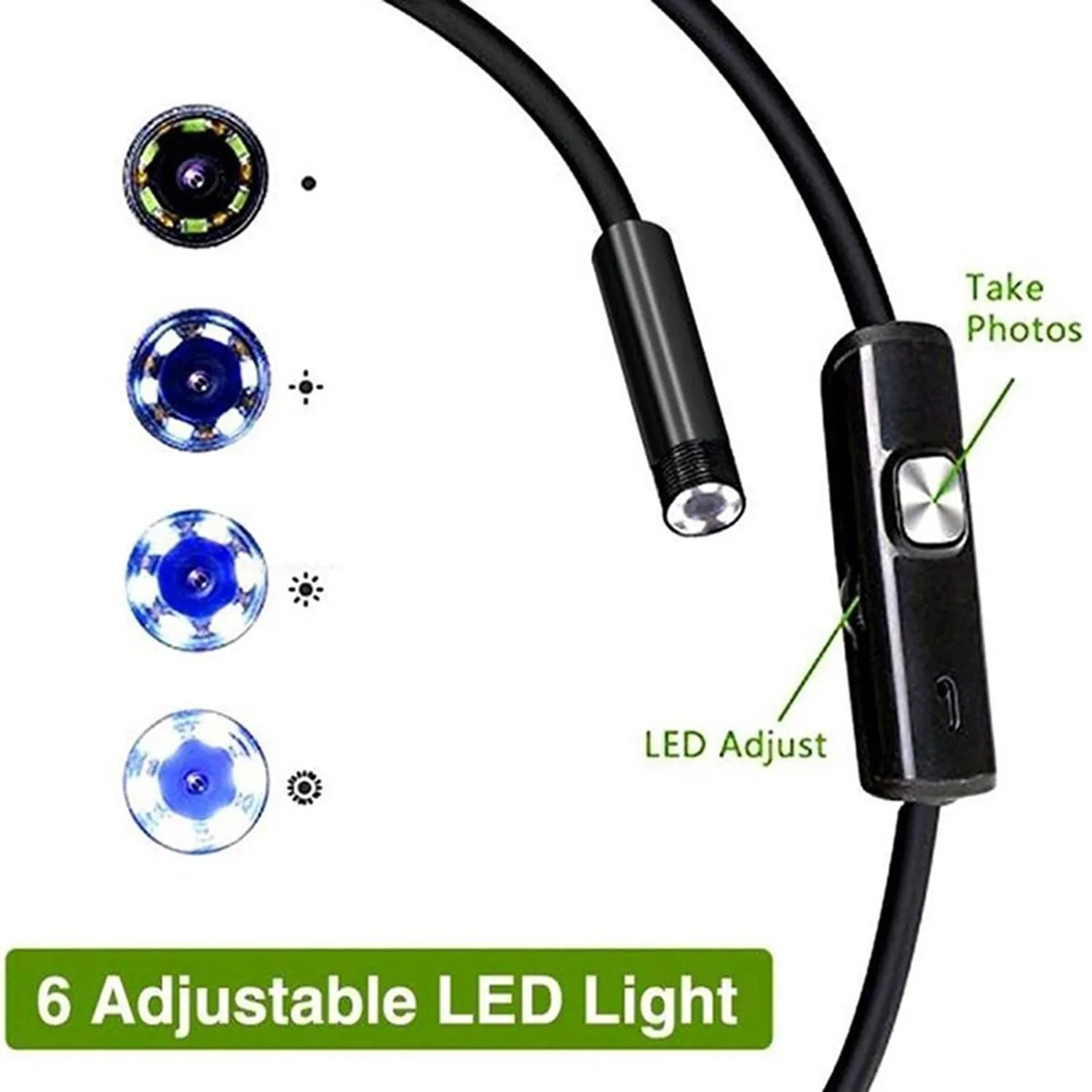 3-in-1 USB endoscope with flexible cable, magnet, hook, and side mirror for Android phone inspection.