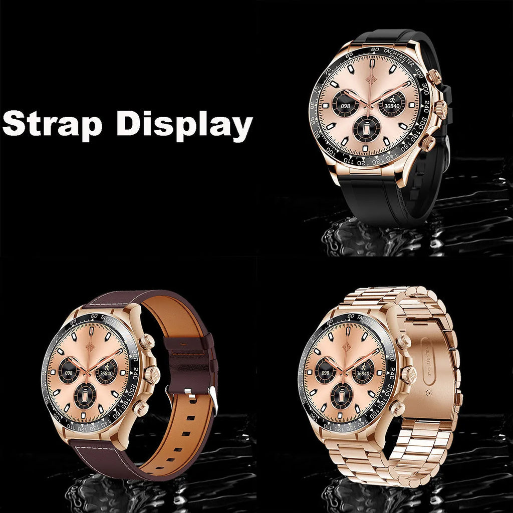 Round screen smart watch EX108 in black silicone with three straps showing Bluetooth calling interface