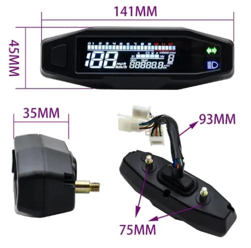 Black motorcycle mini LCD speedometer gauge showing speed, RPM, fuel and oil level on backlit screen