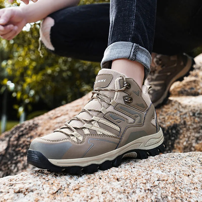 Same high-top outdoor hiking sneaker in multiple colours with lace-up front and natural rubber sole.