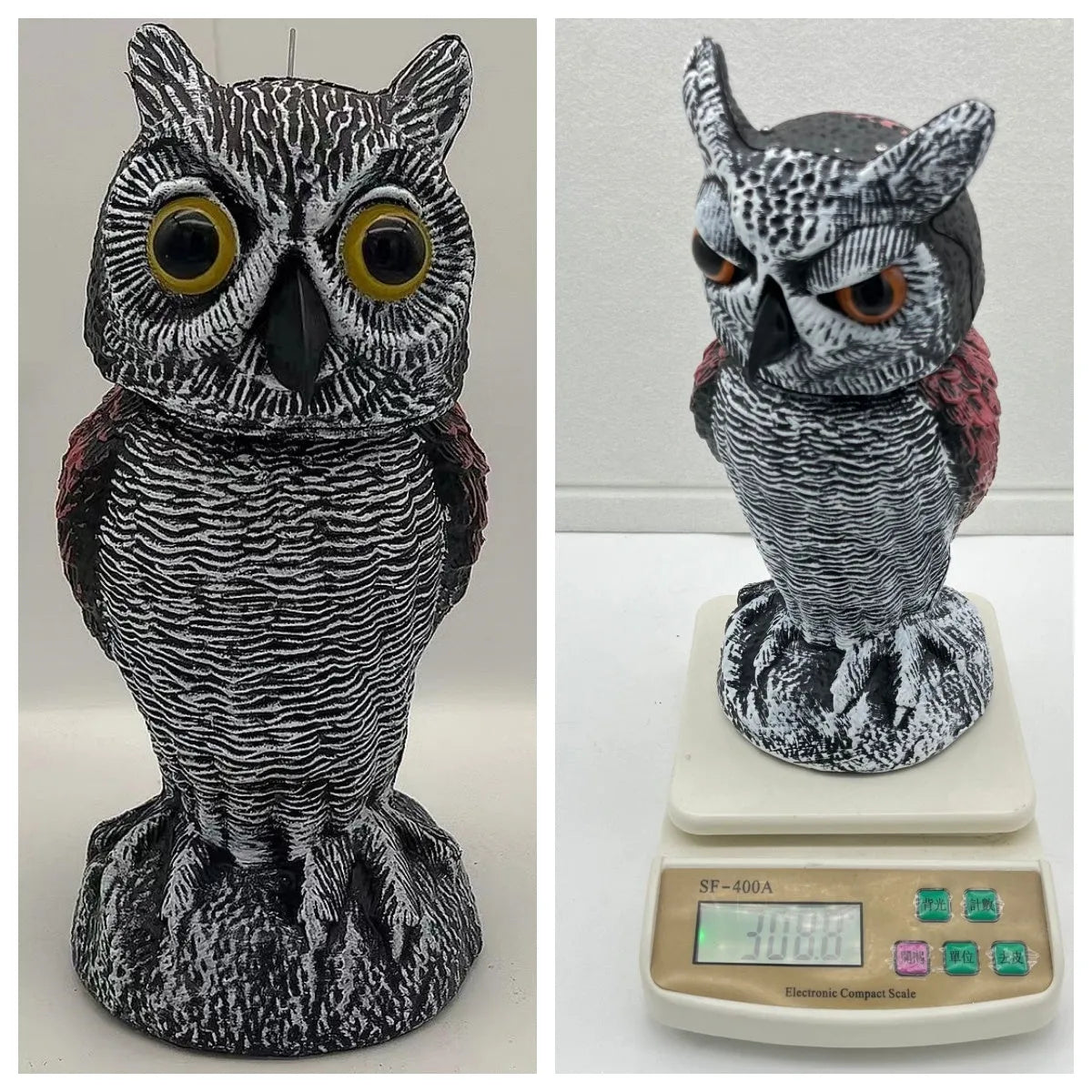 Artificial owl bird scarer ornament with movable head for outdoor garden pest control
