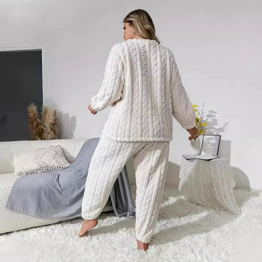 Women's milky white polyester two-piece lounge set with crew neck top and trousers