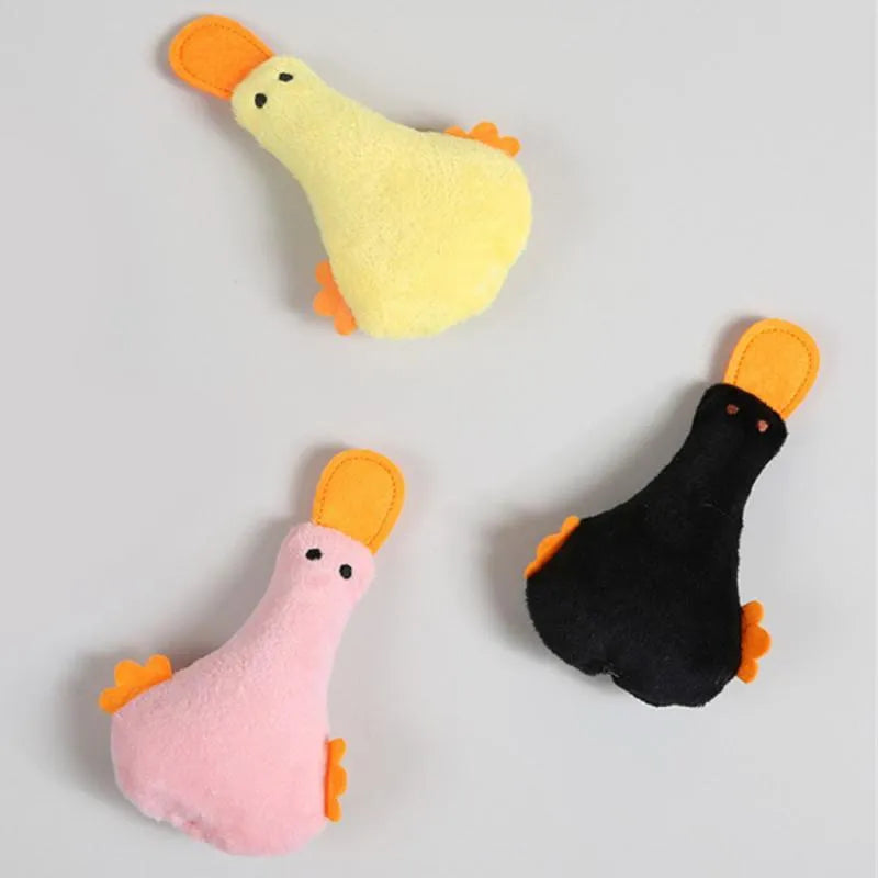 Yellow duck plush pet toy with catnip filling and rattle sound for cats and dogs