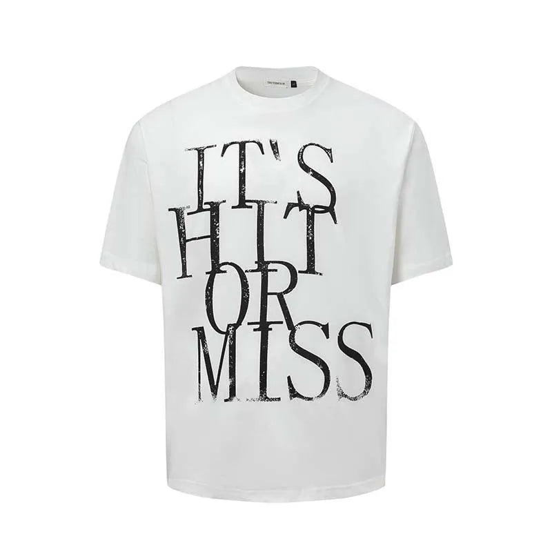 Men's blue American retro T-shirt with white letter printing, round neck, loose fit cotton blend casual top