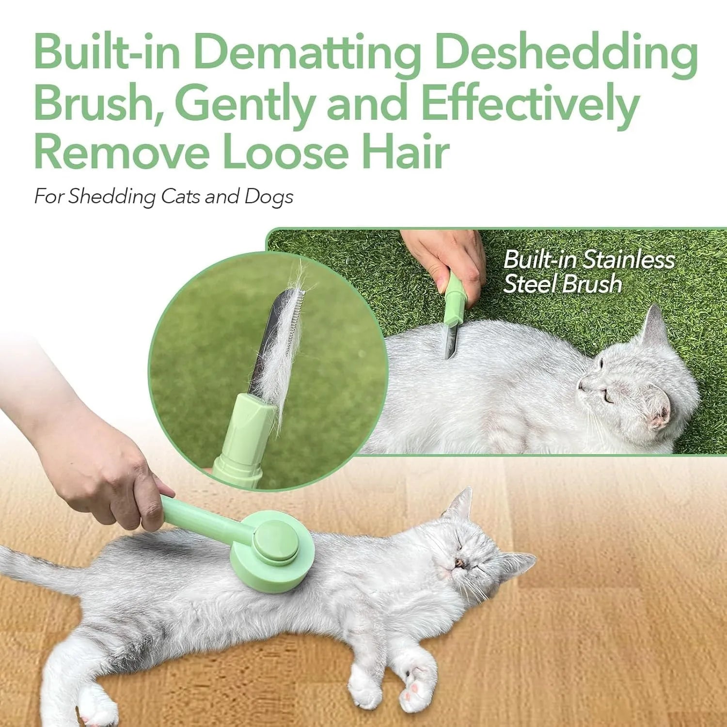 Green and yellow 2-in-1 pet grooming brush with stainless steel teeth and a hanging loop for storage.