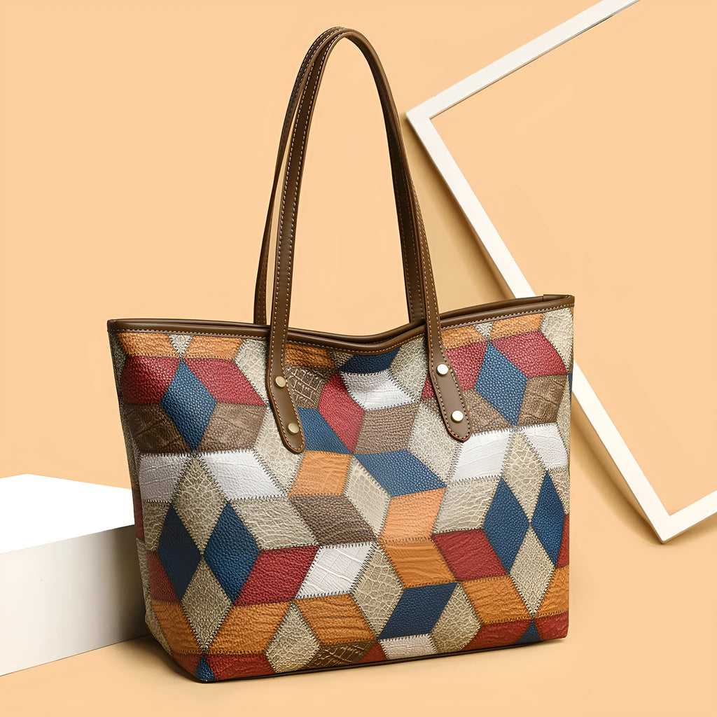 Women's blue brown PVC shoulder handbag with large capacity and outer sandwich pocket