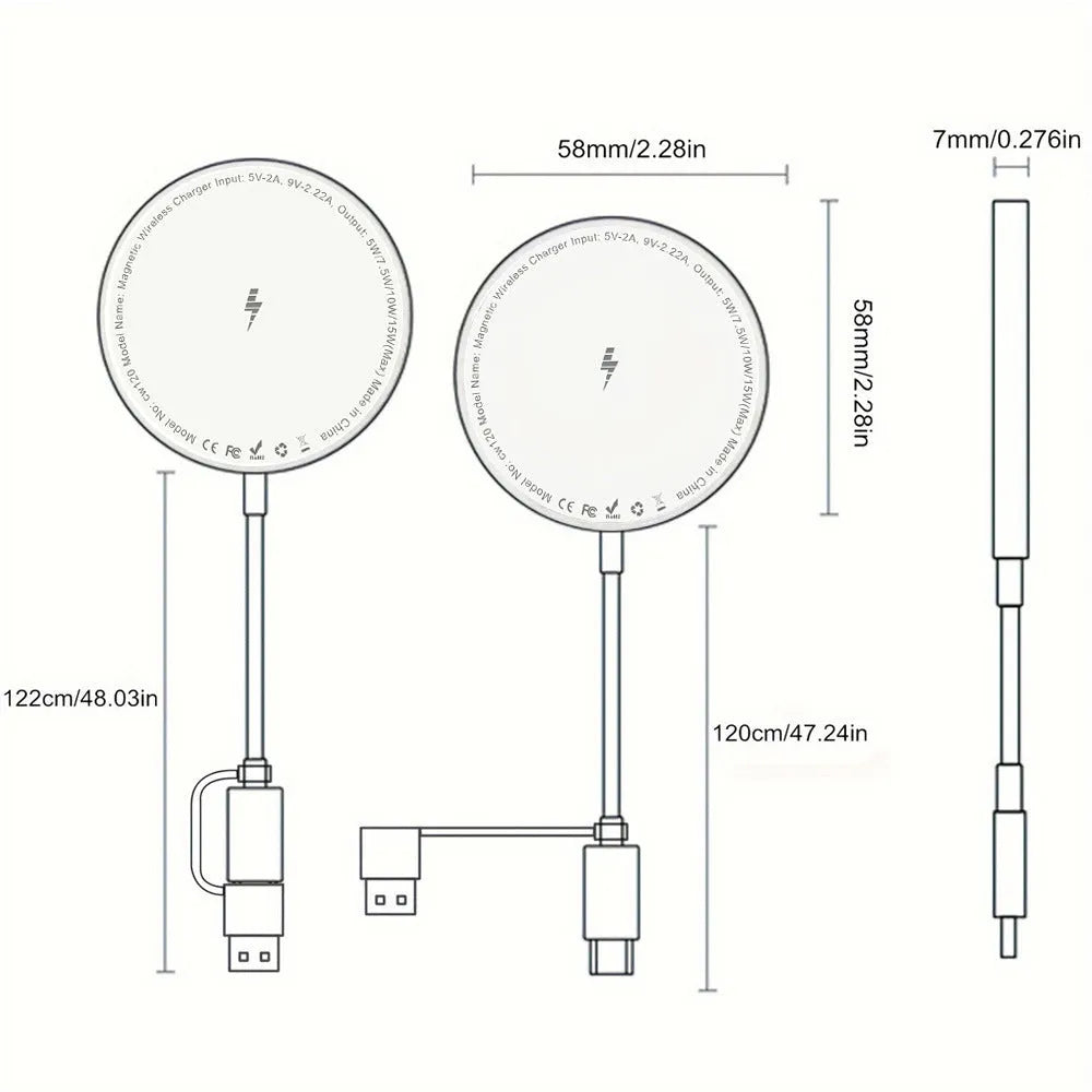 Magsafe magnetic fast charge 15W wireless charger with aluminium alloy shell and 1m cable