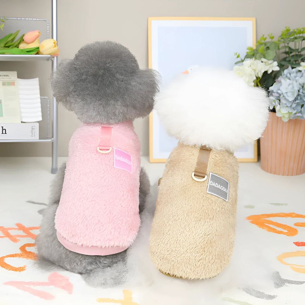 Coral fleece pet jacket with five-colour pull rings in blue for small dog or cat