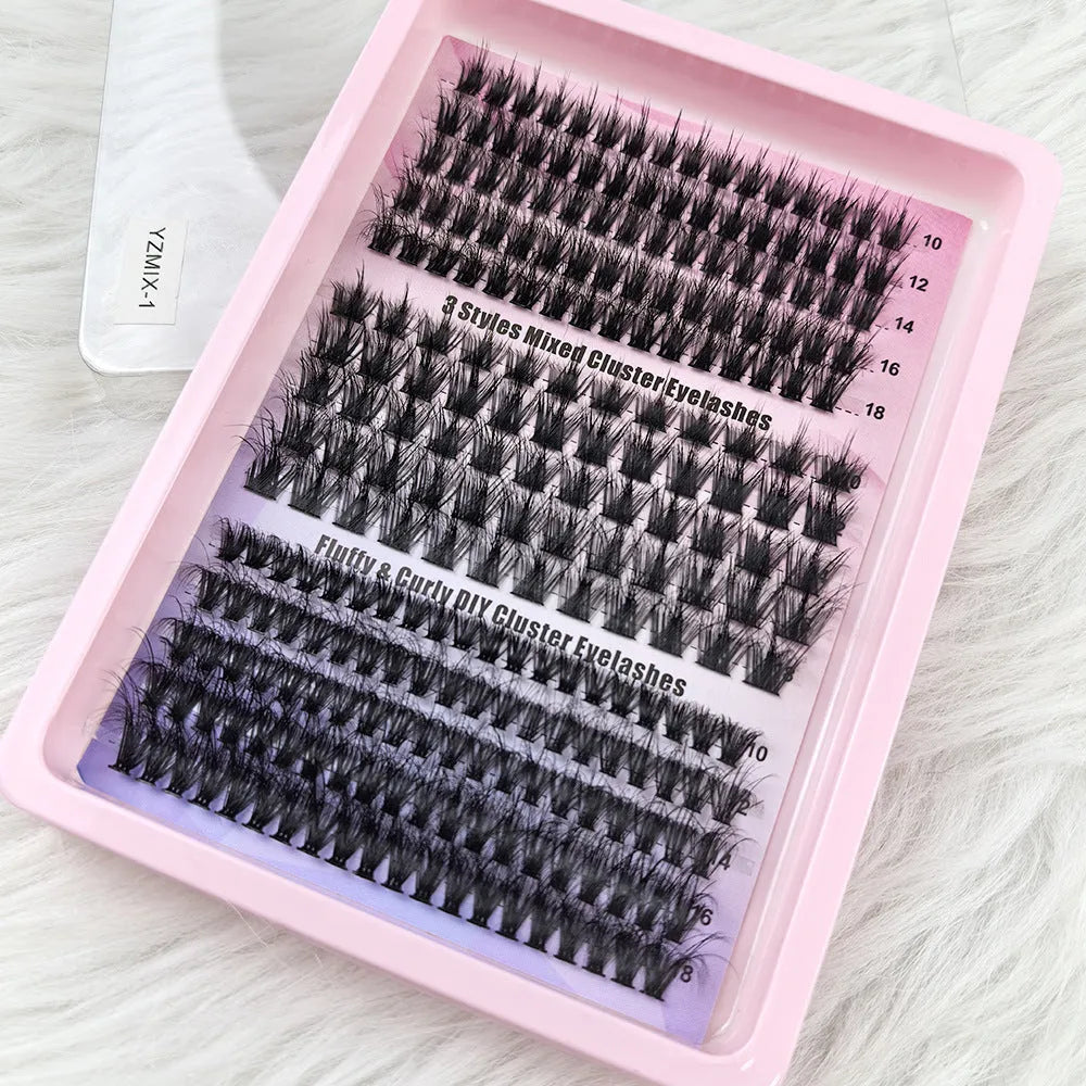 Mixed box of false eyelashes showing five different style specifications for a messy look.