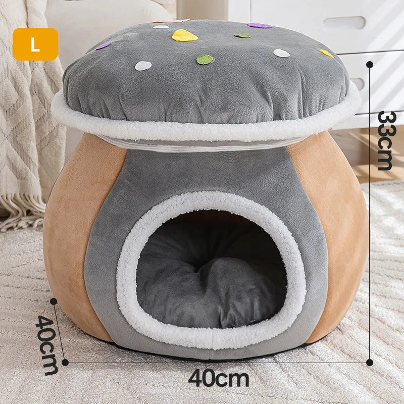 Mushroom cat nest in thermal rabbit plush with detachable cover in grey, pink or purple colours