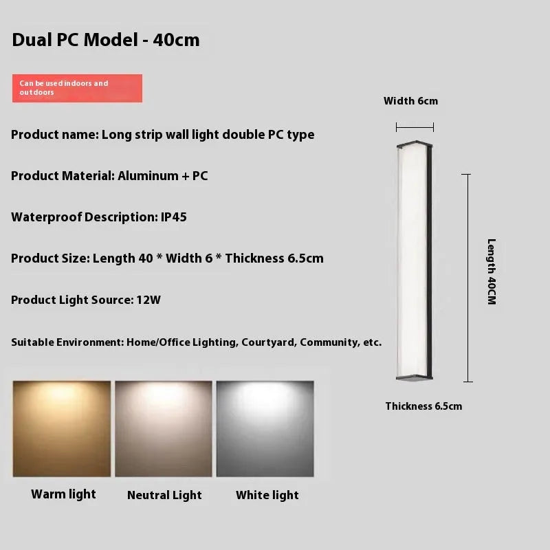 Modern outdoor wall lamp mounted on stone wall, showing clean lines and illuminated light source.